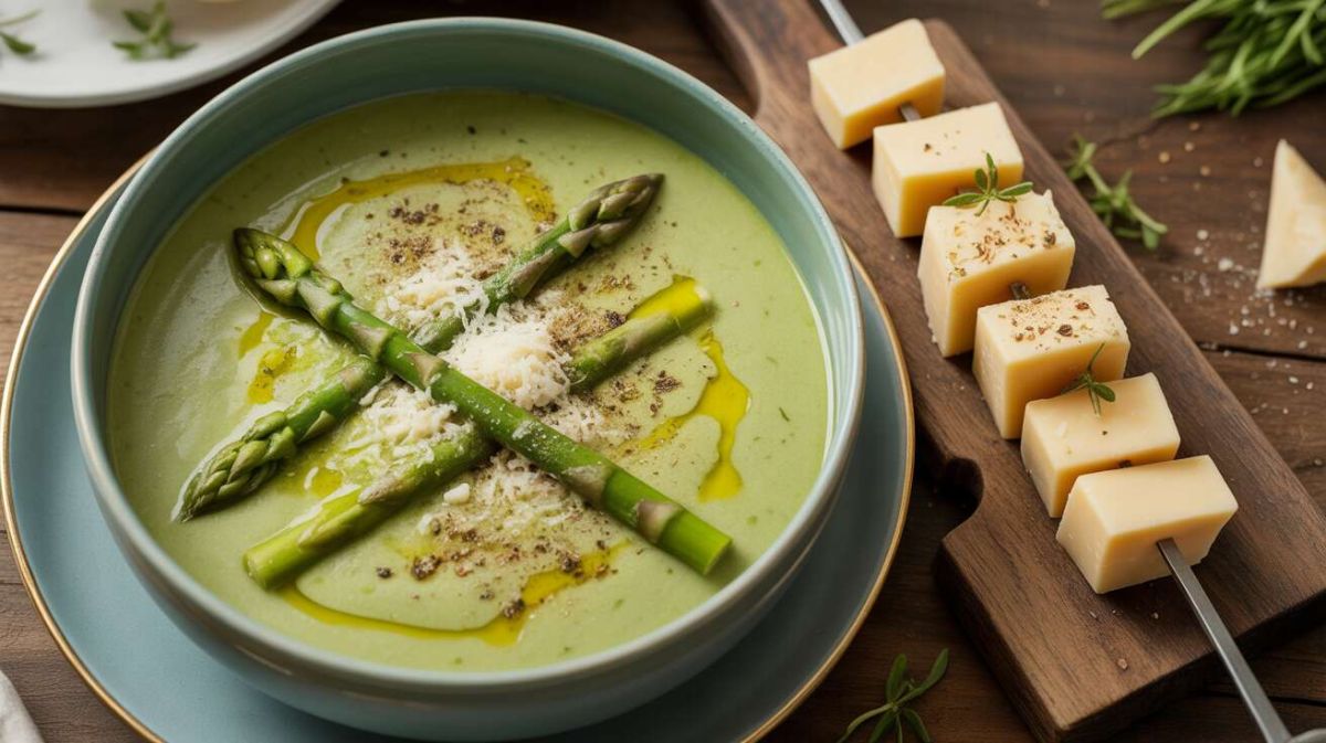 Velouté d’asperges vertes et brochette italienne de fromage frais