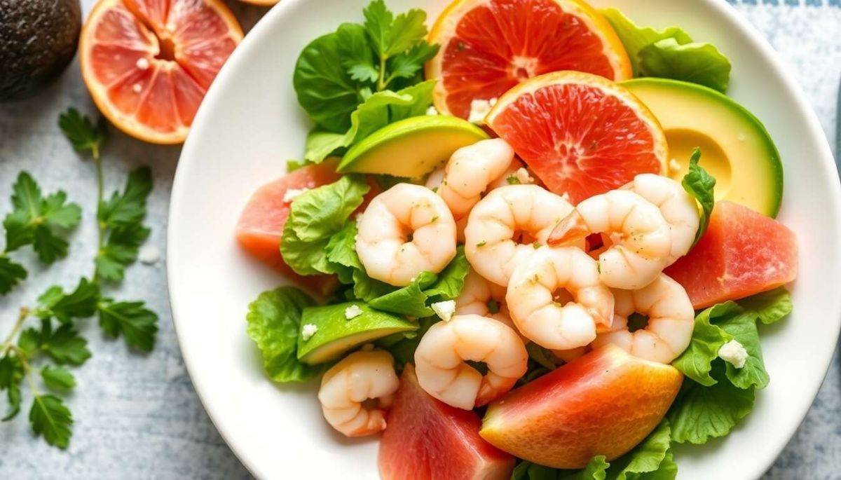 Une salade d’avocats, pamplemousses et crevettes pour un été éclatant