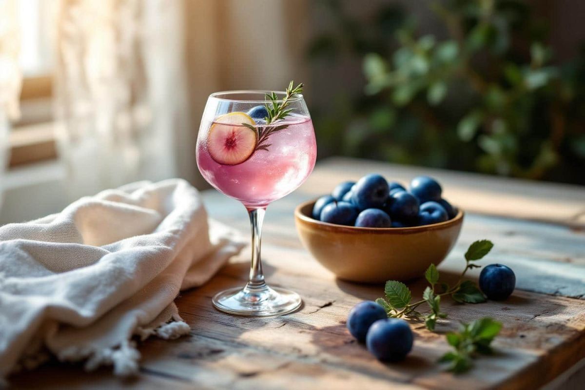Un cocktail gourmand au goût d'été : Gin tonic aux prunes bleues et thym citron