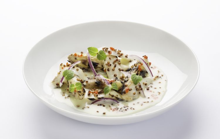 Ceviche d'asperges blanches à la leche de tigre et au quinoa croustillant